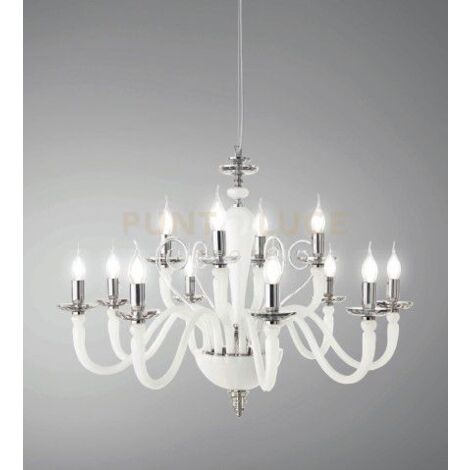 LAMPADARIO DEBUSSY 12 LUCI BIANCO SATINATO CROMO ATTACCO E14 D.84CM
