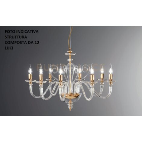 LAMPADARIO DEBUSSY 12 LUCI TRASPARENTE E ORO ATTACCO E14 D.84CM
