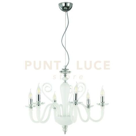 LAMPADARIO DEBUSSY 6 LUCI BIANCO SATINATO CROMO ATTACCO E14 D.72CM