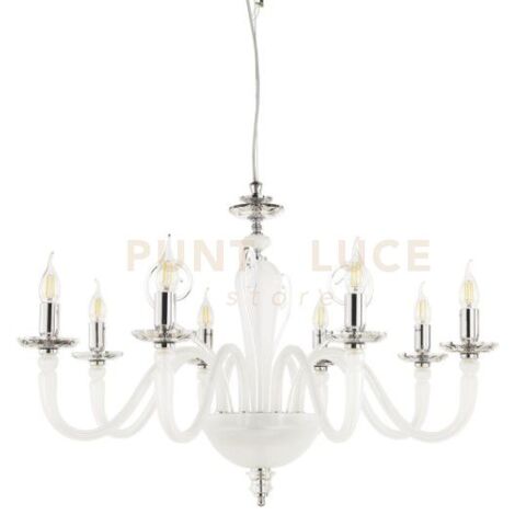 LAMPADARIO DEBUSSY 8 LUCI BIANCO SATINATO CROMO ATTACCO E14 D.84CM