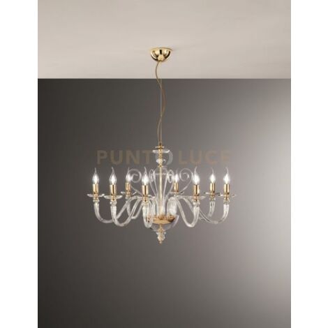 LAMPADARIO DEBUSSY 8 LUCI TRASPARENTE E ORO ATTACCO E14 D.84CM