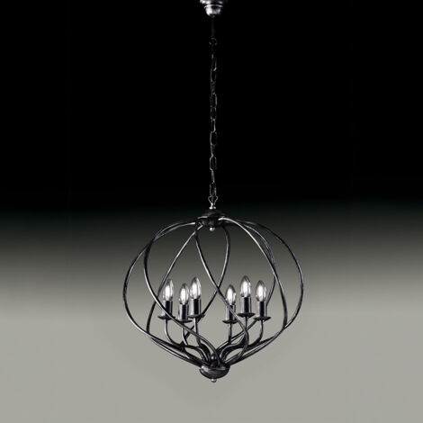 Lampadario deco sospensione ferro Nero decorazione Argento sei luci 57x h57 cm