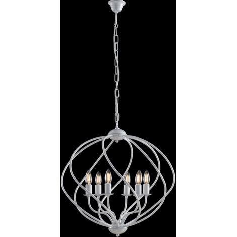 Lampadario deco sospensione in ferro Bianco Argento sei luci 57x h57 cm