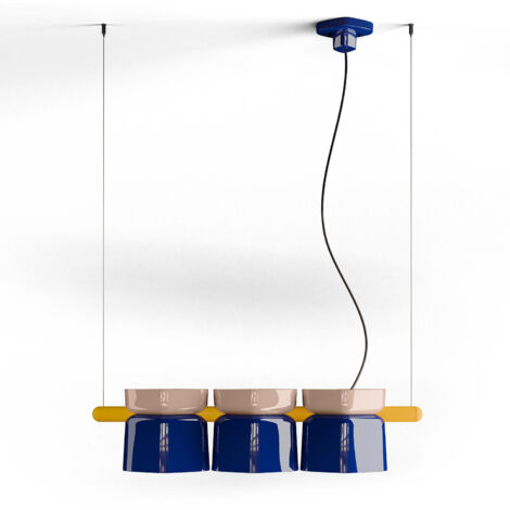 Lampadario Decò Yakitori Ceramica Grigio Sabbia Blu Metallo Giallo 3 Luci E27