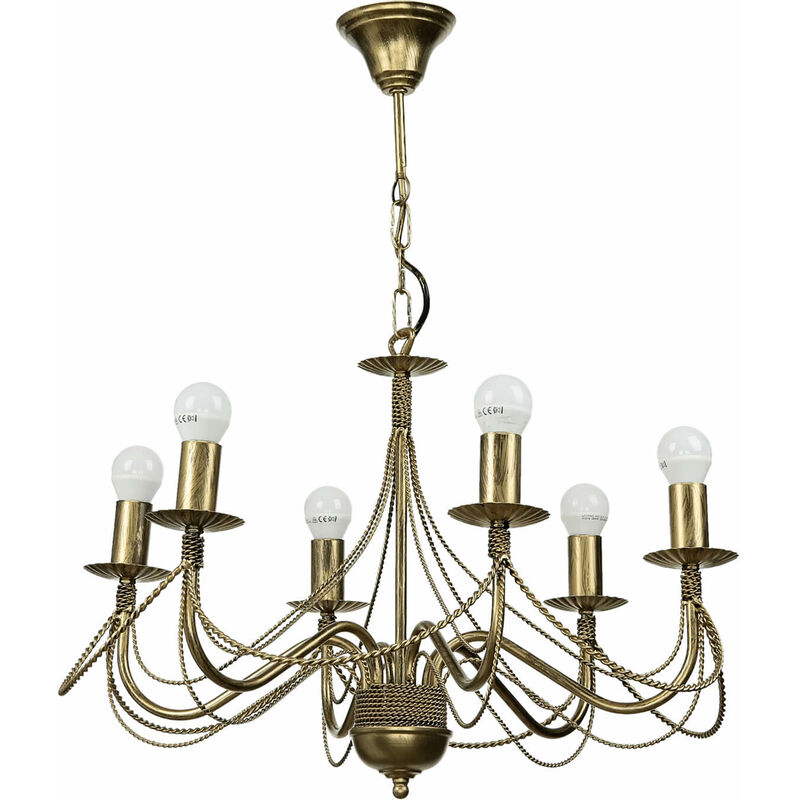 Image of Licht-erlebnisse - Lampadario design a candelabro in stile rustico in oro antico a 6 bracci Ø63cm per sala da pranzo soggiorno - Oro antico
