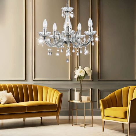 Lampadario di cristallo lampada a sospensione cromo lampada da tavolo da pranzo lampadario lampada a sospensione cristallo trasparente, 5x attacco E14, DxH 44x128 cm