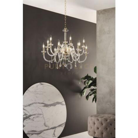 LAMPADARIO DIDO 12 LUCI CRISTALLO E ORO ATTACCO E14 D.83CM