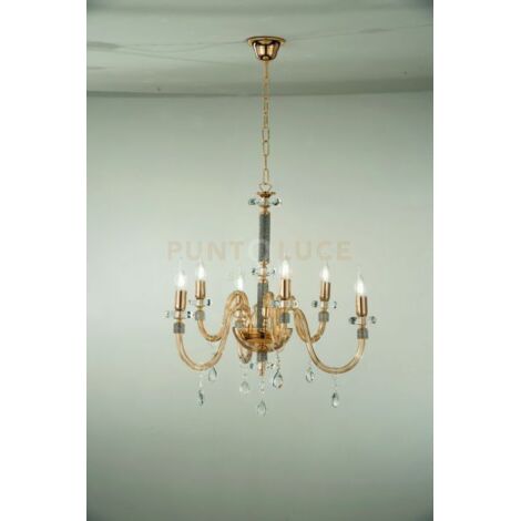 LAMPADARIO DIDO 6 LUCI AMBRA E ORO ATTACCO E14 D.65CM