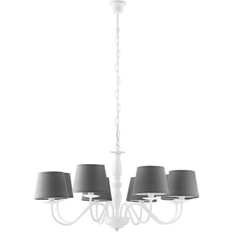 "Lampadario FAVOLA in metallo bianco con otto paralumi in tessuto grigio"