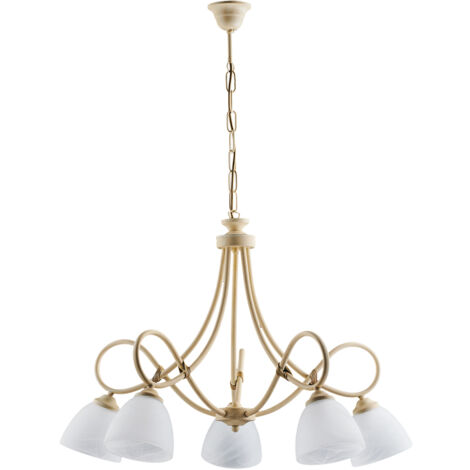Lampadario ferro Avorio decape cinque luci paralumi vetro Alabastro bianchi 69x h52 cm