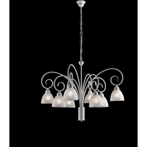 Lampadario ferro Bianco shabby paralumi vetro Alabastro Bianco otto luci 81x h58 cm
