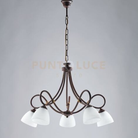 Lampadario ferro Nero ruggine cinque luci paralumi vetro Alabastro bianchi 69x h52 cm