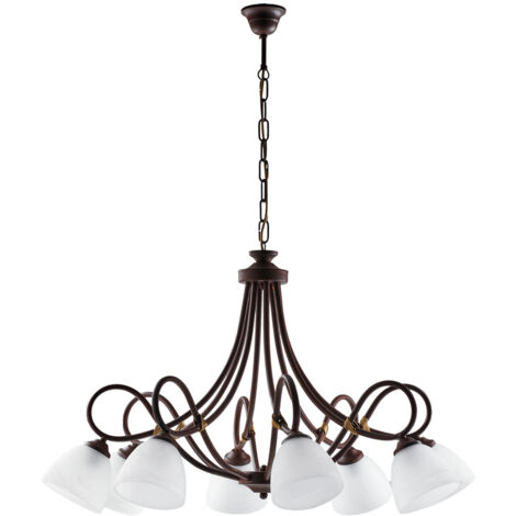 Lampadario ferro Nero ruggine otto luci paralumi vetro Alabastro bianchi 81x h55 cm