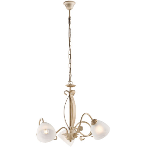 Lampadario Forgiato 3 Luci Ferro Avorio E Oro Vetro Bianco