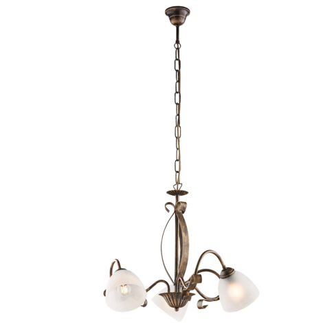 Lampadario Forgiato 3 Luci Ferro Marrone E Oro Vetro Bianco