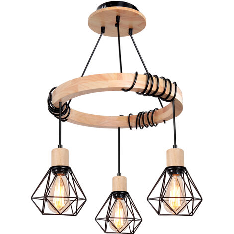 Lampadario Gabbia Diamantata in Metallo e Legno - Stile Industriale Moderno - 3 Luci - Lampada Corda Regolabile - Nero