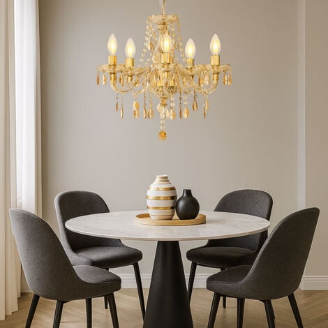 Lampadario in cristallo da soffitto lampada a sospensione lampadario da sala da pranzo lampada da soggiorno, metallo acrilico oro, 5 prese E14 a fiamma, DxH 48x150 cm