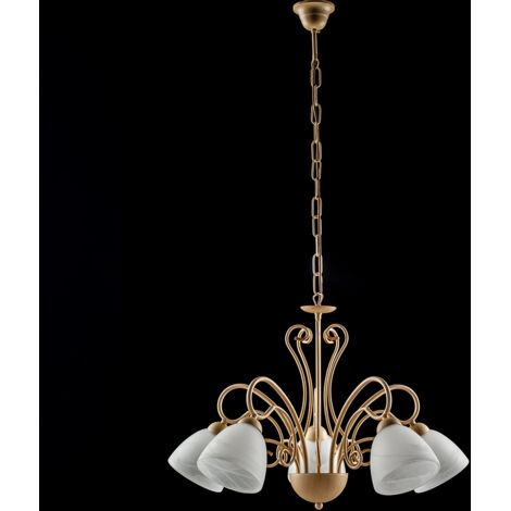 Lampadario in ferro Avorio cinque luci paralumi in vetro Alabastro Bianco 60x h45 cm