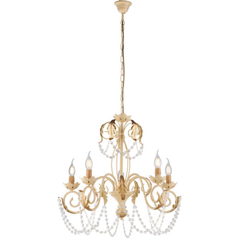 Lampadario in ferro Avorio Decape e Oro strass damasco cinque luci 63x h65 cm