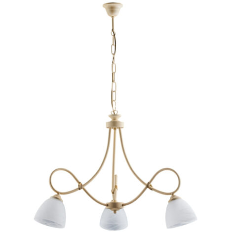 Lampadario in ferro Avorio decape tre luci paralumi in vetro bianchi 58x h52 cm