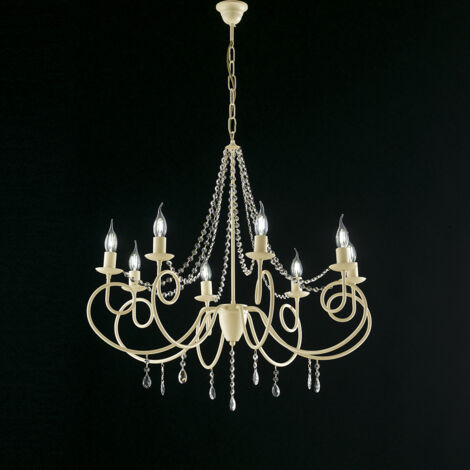 Lampadario in ferro Avorio otto luci decorazione decape e strass 80x h75 cm