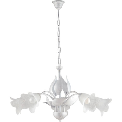 Lampadario in ferro Bianco Argento cinque luci vetri Alabastro Bianchi 68x h43 cm