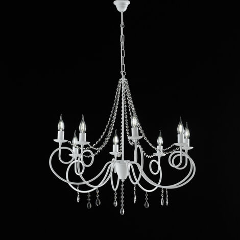 Lampadario in ferro Bianco otto luci decorazione shabby e strass 80x h75 cm