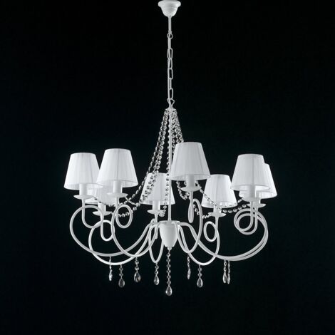 Lampadario in ferro Bianco otto luci decorazione shabby paralumi Bianchi 90x h75 cm