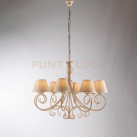 Lampadario in ferro laccato avorio con decorazione oro antico e paralumi diametro 13 in pvc effetto tessuto juta 8 luci