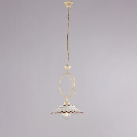 Lampadario in ferro laccato avorio e decorazione effetto decapè con diffusore in ceramica diametro 30 bianco e marrone 1 luce H.45 - MAX 105 - Ø30