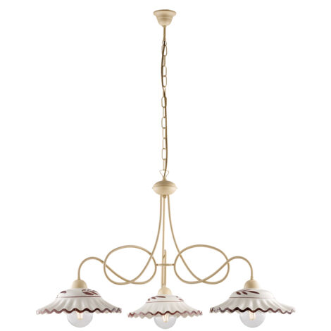 Lampadario in ferro laccato avorio e decorazione effetto decapè con diffusori in ceramica diametro 30 bianco e marrone 3 luci