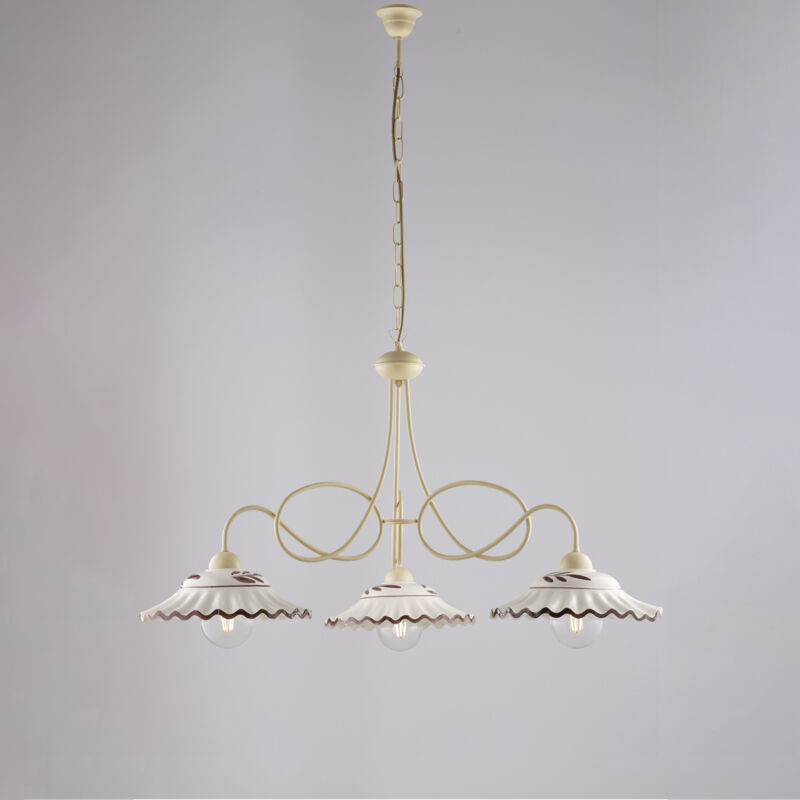 Belight - Lustre Bistrot fer ivoire, effet décapé, diffuseurs céramique d.30, blanc/marron, 3 lumières d.80 cm, style campagne