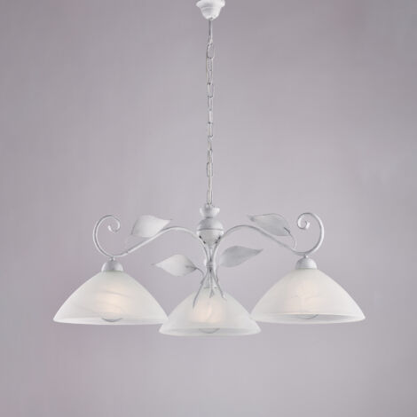 Lampadario in ferro laccato bianco con decorazione argento antico e vetri diametro 30 alabastro bianchi 3 luci H.36 - MAX 96 - Ø79