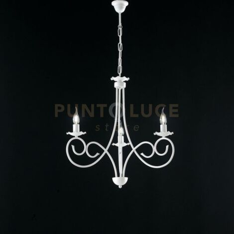 Lampadario in ferro laccato bianco con decorazione effetto shabby chic 3 luci