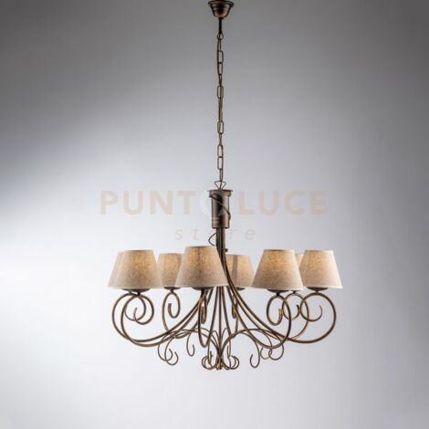 Lampadario in ferro laccato marrone con decorazione oro antico e paralumi diametro 13 in pvc effetto tessuto juta 8 luci