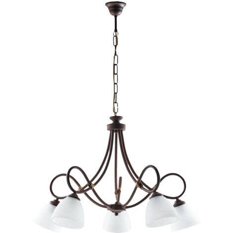 Lampadario in ferro laccato nero con decorazione effetto ruggine e rifiniture oro antico con diffusori in vetro diametro 13 alabastro bianchi 5 luci