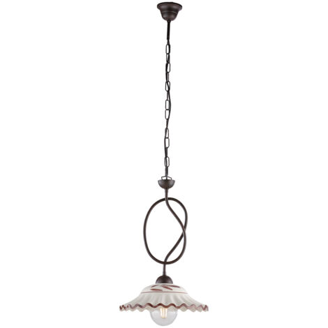Lampadario in ferro laccato nero e decorazione effetto ruggine con diffusore in ceramica diametro 30 bianco e marrone 1 luce