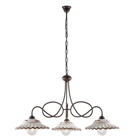 Lampadario in ferro laccato nero e decorazione effetto ruggine con diffusori in ceramica diametro 30 decorato a mano bianco e marrone 3 luci