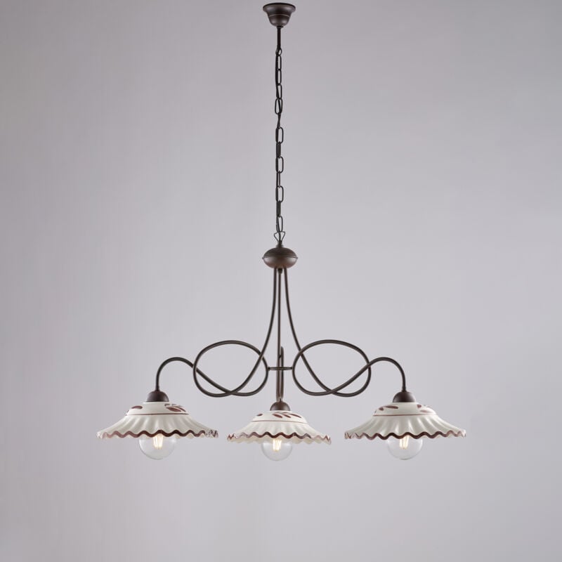 Lustre Bistrot fer noir, décor rouille, diffuseurs céramique d.30, blanc et marron, 3 lumières, déco rustique