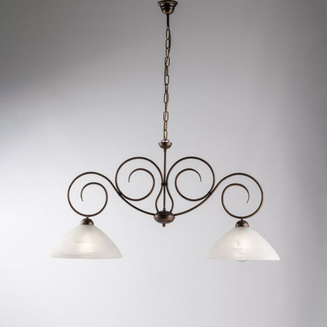 Lampadario in ferro Marrone Oro due luci paralumi in vetro Alabastro Bianco 99x h52 cm