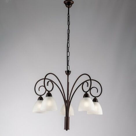 Lampadario in ferro Nero Ruggine paralumi in vetro Bianco cinque luci 57x h50 cm