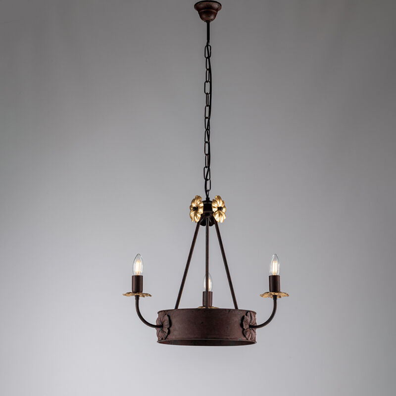 Lampadario Rustico 3 Luci Ferro Nero e Ruggine