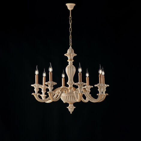 Lampadario in legno Avorio e foglia Oro otto luci 80x h70 cm