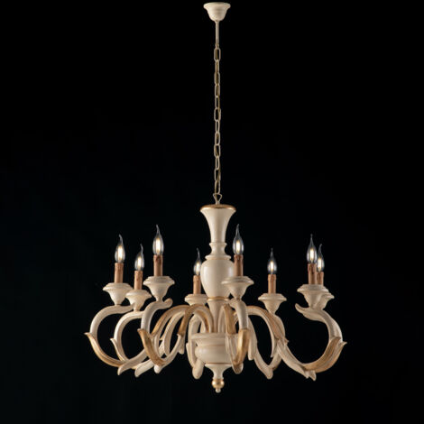 Lampadario in legno Avorio e Foglia Oro otto luci 93x h65 cm