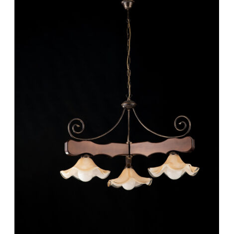 Lampadario in Legno e ferro Noce Antico tre luci paralumi in vetro 80x h50 cm