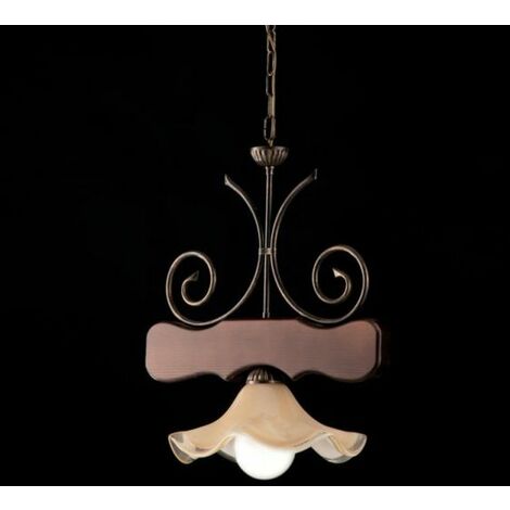 Lampadario in Legno e ferro Noce Antico una luce paralume in vetro 43x h48 cm
