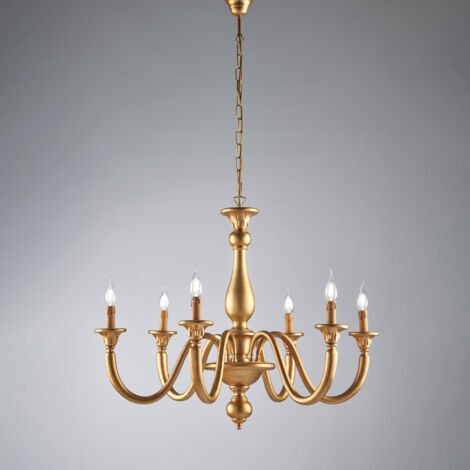 Lampadario in legno oro antico 6 luci H.69 - MAX 129 - Ø86