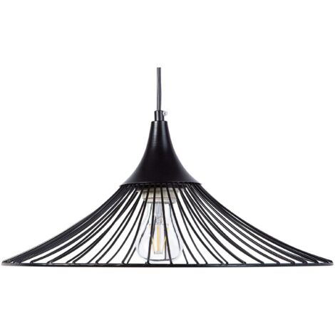 Lampadario in Metallo Nero Paralume a Imbuto con Griglia Cavo Nero Giona
