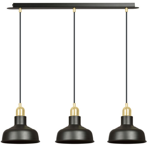 Lampadario Industrial 3 Luci Kubera In Acciaio Nero Con Elementi In Oro