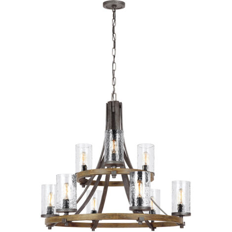 Lampadario Industrial Angelo Acciaio Anticato Metallo Vetro Grigio 9 Luci E27
